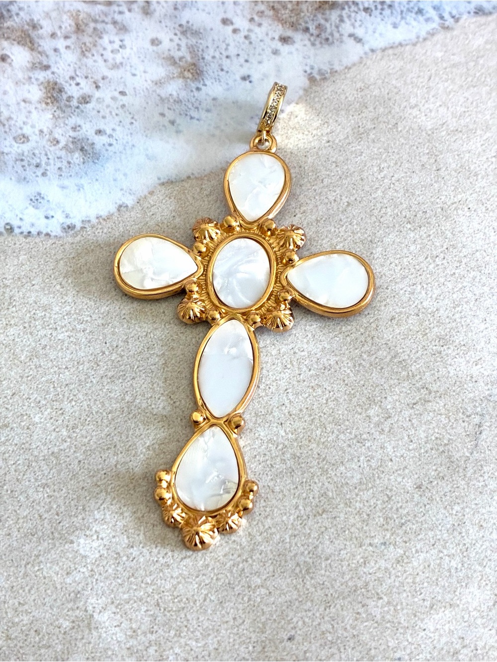 Gold Cross Pendant Necklace with White Mother-of-Pearl Inlays